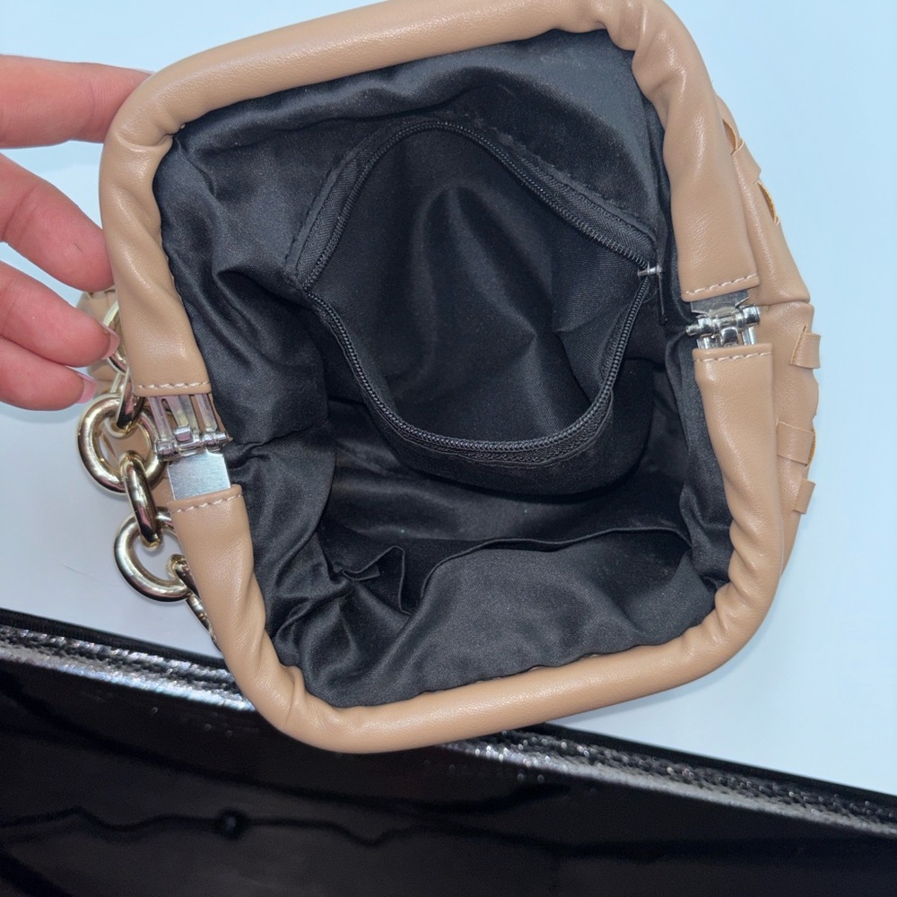 Chic Tan dumpling ruched Woven Clutch with Gold Chain - Picture 6 of 7